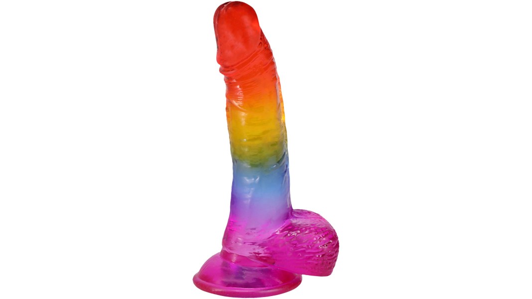 Фалоімітатор з мошонкою Doc Johnson Crystal Jellies - Realistic cock, розмір 8.5 дюймів - Веселка
