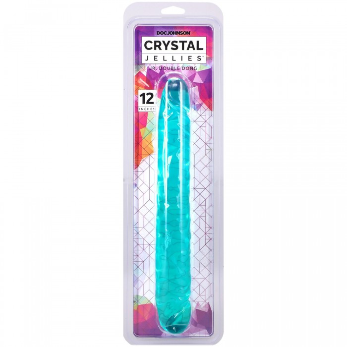 Фаллоимитатор двусторонний Doc Johnson Crystal Jellies, размер 12" Jr. Double Dong, Бирюзовый