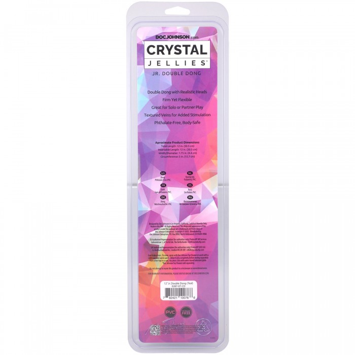 Фаллоимитатор двусторонний Doc Johnson Crystal Jellies, размер 12" Jr. Double Dong, Бирюзовый